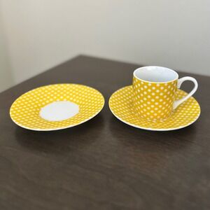 Vintage Konitz Yellow White Polka Dot Espresso 1 Cup 2 Saucer Germany Tea Coffee